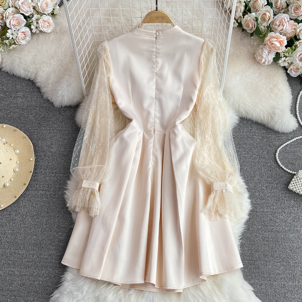 Retro Princess Long Sleeves Beaded Mesh A Line Dress 1466