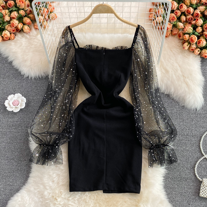 Sommer und Herbst koreanischen Stil glänzendes Mesh-Quadrat-Kragen-Schlitz-Kurzkleid 1519