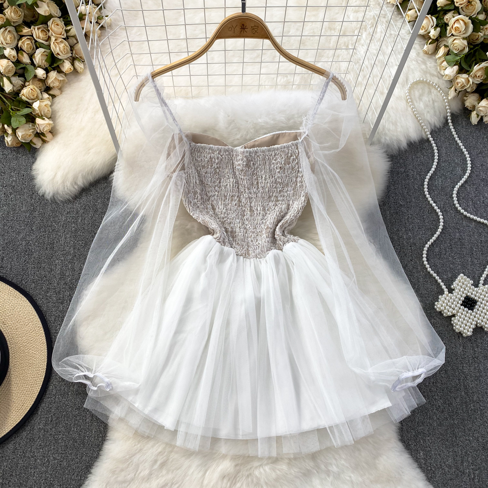Koreanischen Stil Sexy Lange Ärmel Quadrat Kragen Mesh A-linie Flauschigen Prinzessin Kleid Sommer 1492