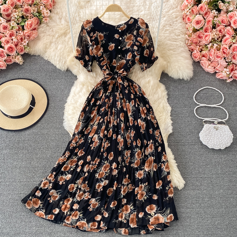 Sommerkleid aus Chiffon mit V-Ausschnitt, langes, plissiertes Blumenkleid 1348