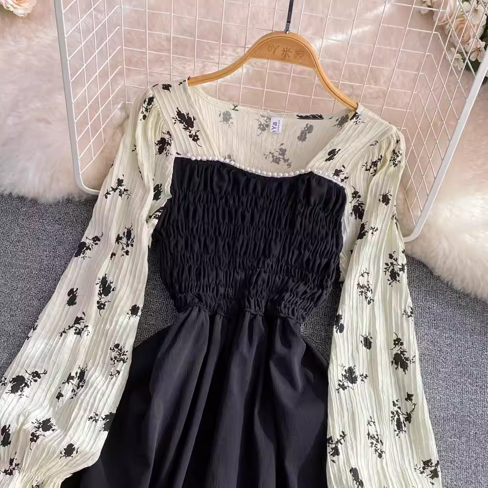 Retro-Blasenkleid mit quadratischem Ausschnitt und langen Ärmeln, elegantes A-Linien-Kleid 1491