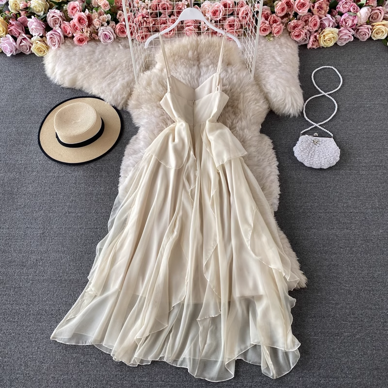 Sommerliches schickes Spaghettiträger-Chiffon mit Rüschen, süßes Feenkleid 1507