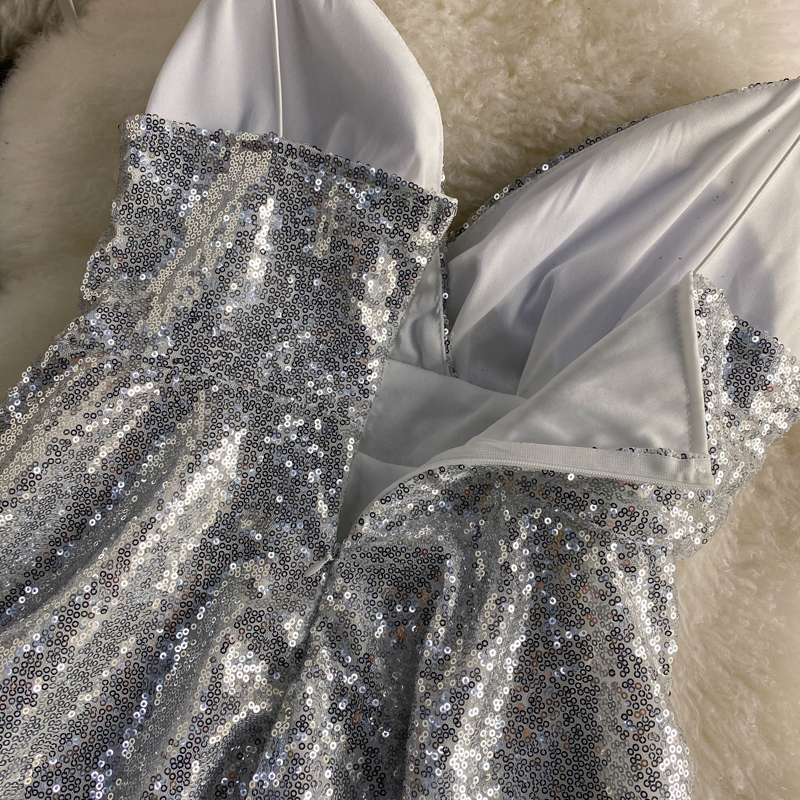 Koreanisches Sommerkleid mit V-Ausschnitt, kurzes, glitzerndes Paillettenkleid 1515