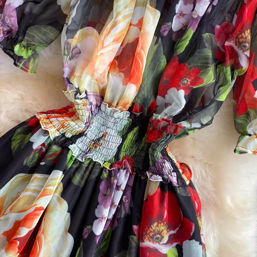 Schulterfreies, bedrucktes Chiffonkleid in A-Linie 1556