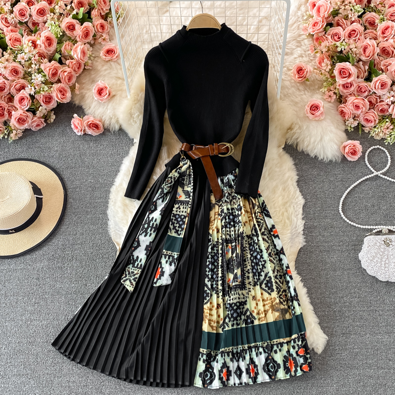 Herbst Retro bedruckter Rock Stehkragen Strickpullover Faltenkleid 1365