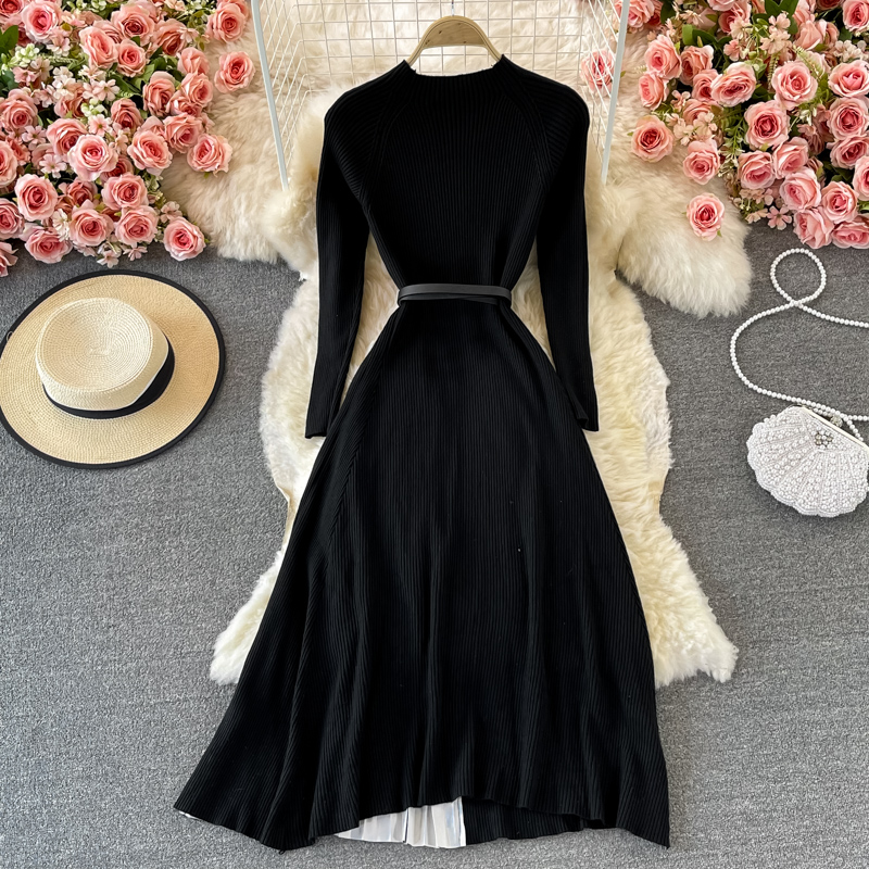 Robe plissée noire à manches longues en tricot, élégante, grande jupe trapèze, collection automne 1377