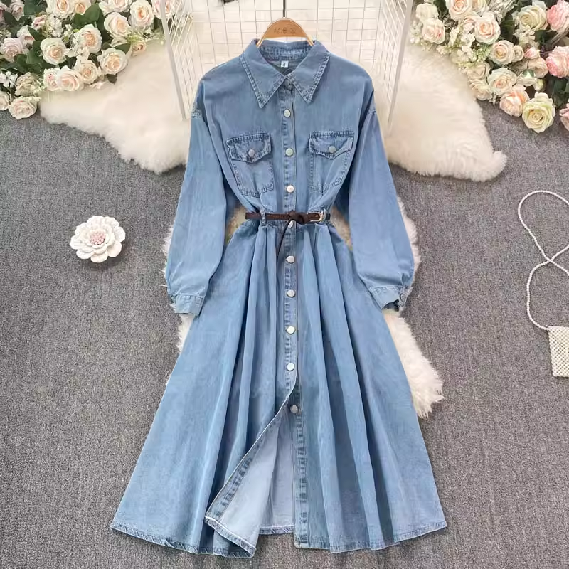 Mittellanges Kleid mit Retro-Jeansrock für Frühling und Herbst 1411