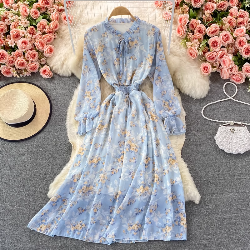 Frühlings- und Herbstkleid mit Blumenmuster und Rüschen, langes Chiffonkleid 1529