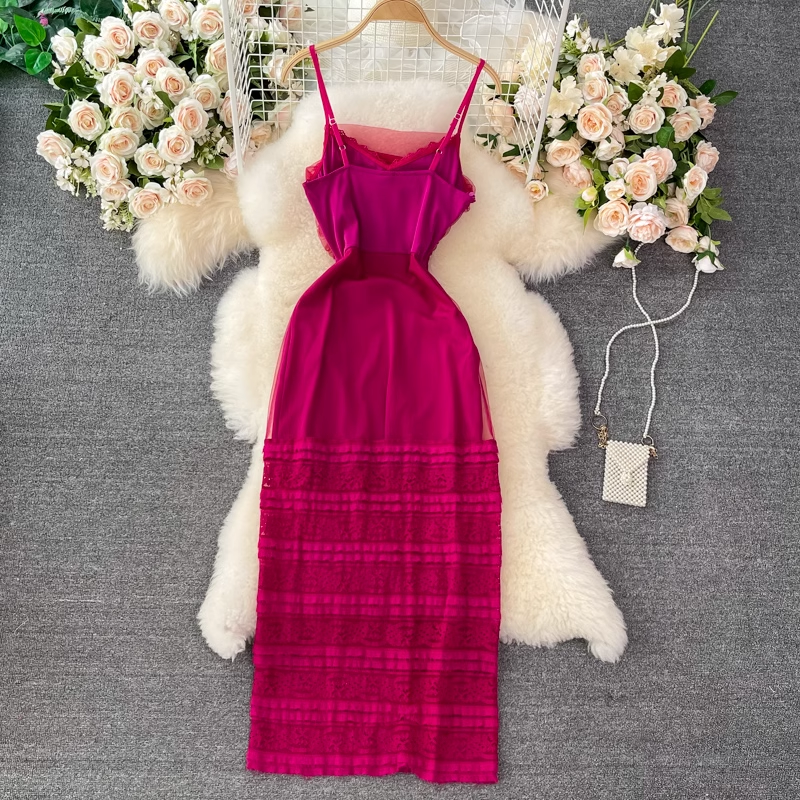 Sommerkleid mit Spaghettiträgern, Rosenrotes Abendkleid, langer Rock 1347