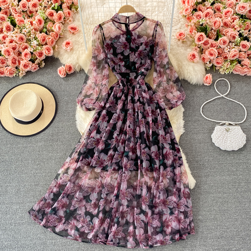 Bedrucktes langes Kleid in A-Linie, Herbst-Bogenkragen, lange Ärmel, Blumenkleid 1364