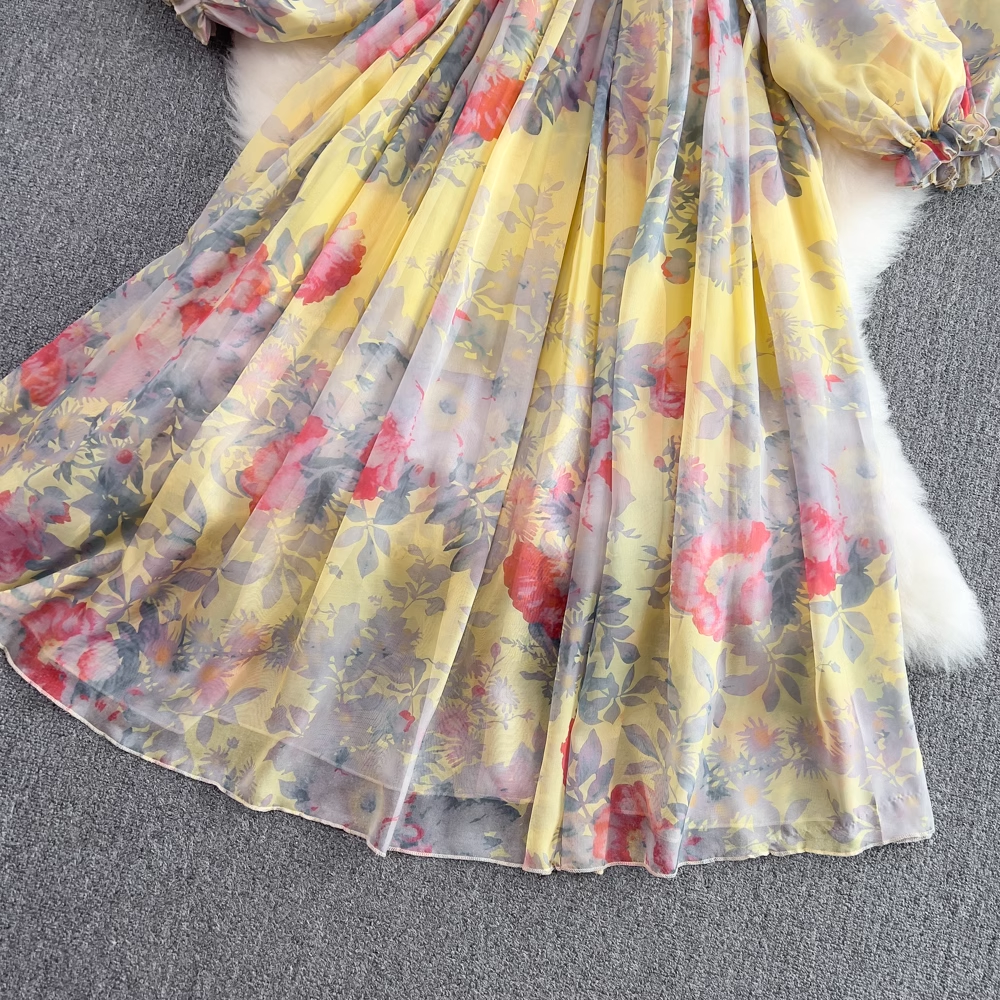 Französisches Kleid mit tiefem V-Ausschnitt, Blumen-Chiffon-Kleid, lange Ärmel, langes Kleid 1530