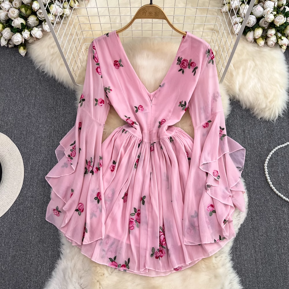 Spring and Summer V Neck Embroidered Flower Fluffy Sleeves A Line Short Dress 1504