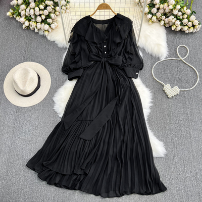 Elegant V Neck Ruffled A Line Pleated Dress 1498