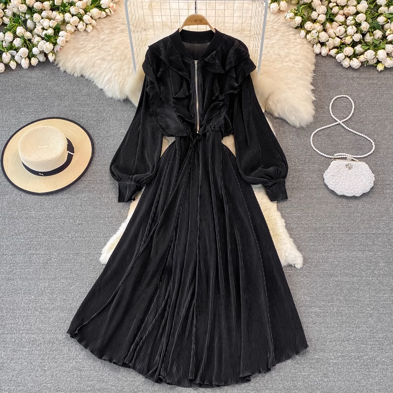 Robe vintage plissée à volants et col en V, veste cardigan mi-longue tendance 1406