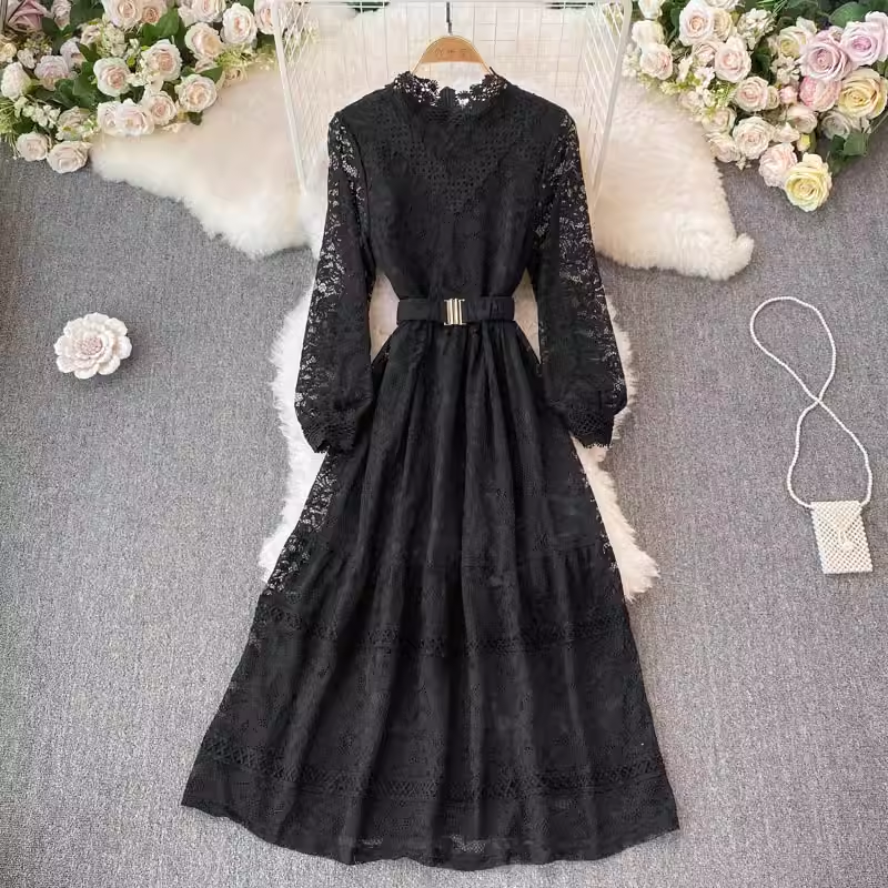 Spring and Autumn Korean Style Chic Lace Long Sleeved Stand Collar Dress 1418
