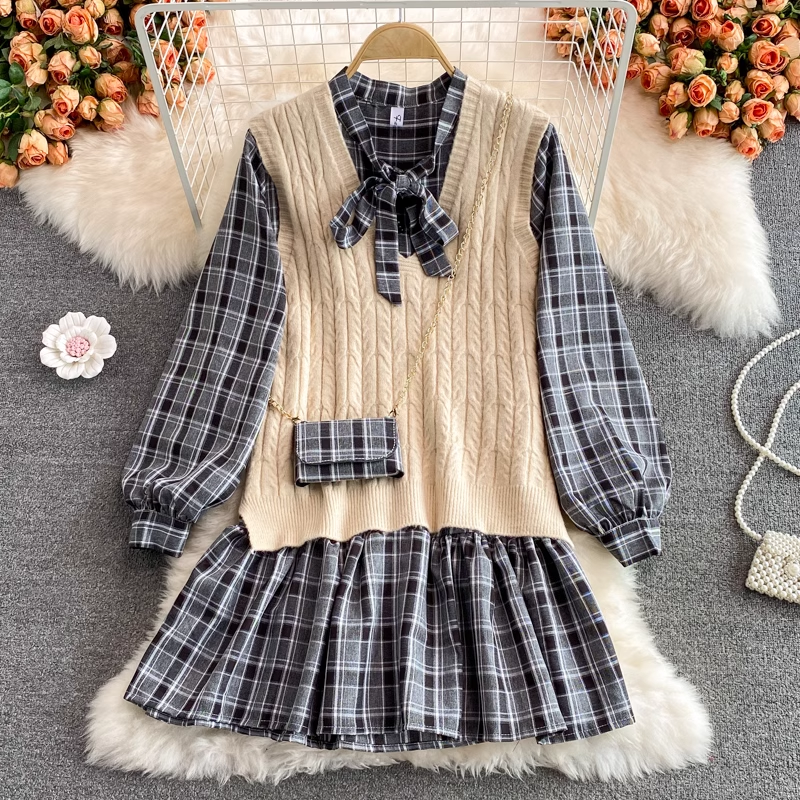 Robe mi-longue ample à carreaux de style coréen avec nœud papillon et gilet en tricot, ensemble deux pièces 1394