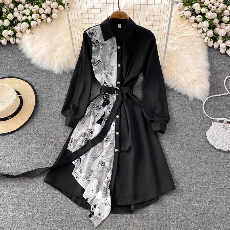 Spring and Autumn Retro Mid Length Irregular Color Block Shirt Dress 1419