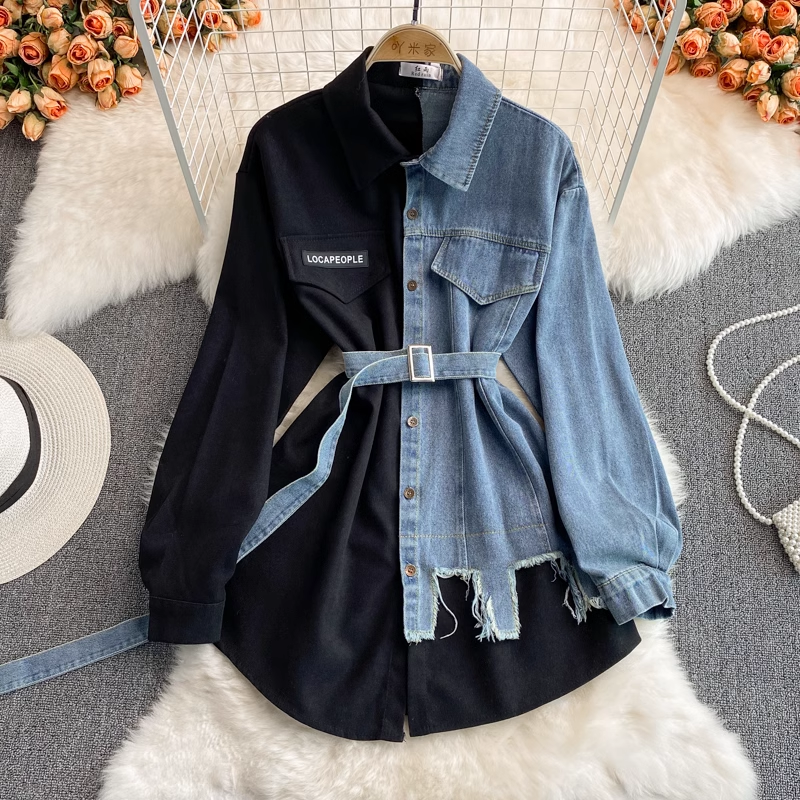 Denim-Nähkleid Herbst und Winter koreanischer Stil unregelmäßiges mittellanges Hemd 1407