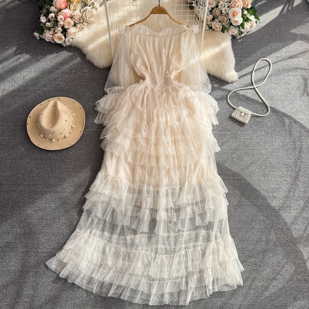 Schulterfreies A-Linien-Kleid mit Rüschen und mehrlagigem Netzstoff, elegantes Kleid 1464
