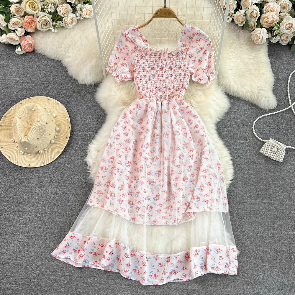 Sweet Square Neck A Line Mesh Floral Dress Summer 1497
