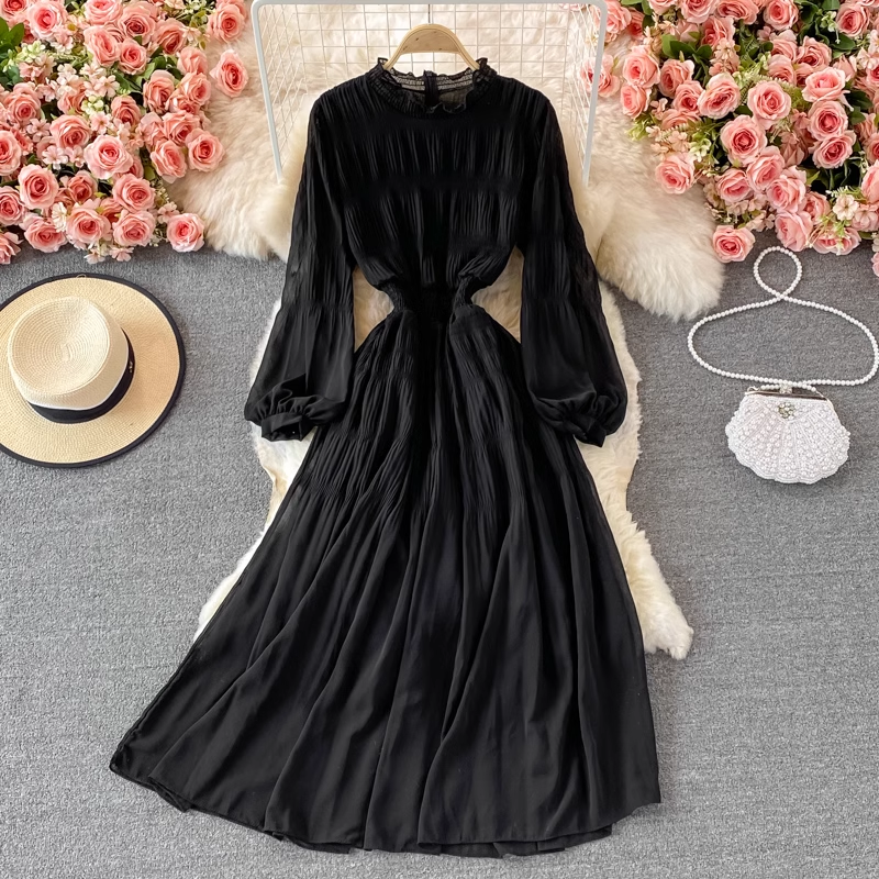 Chic Stand Collar Chiffon Dress Autumn Long Sleeves Long Skirt 1381