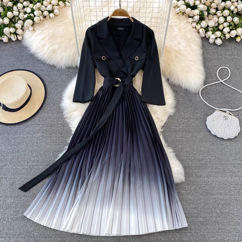 Frühling und Sommer im koreanischen Stil, Anzugkragen, Farbverlauf, plissiert, elegantes Kleid 1435