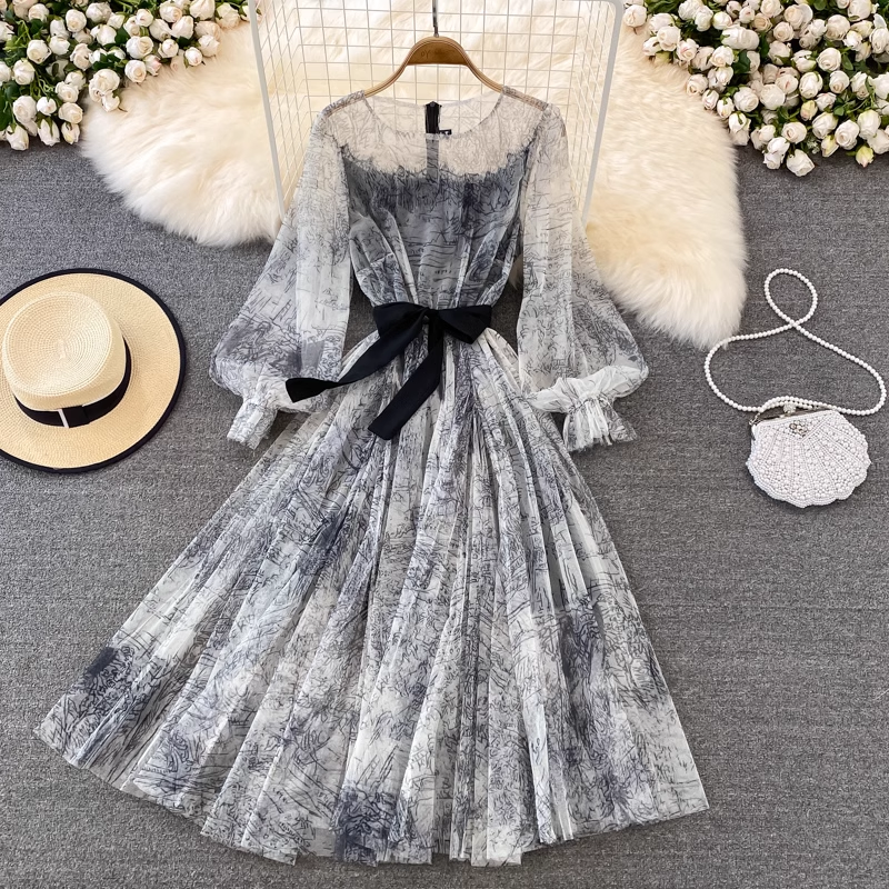 Fairy Ink Retro Rundhals-Mesh-Elegantes Kleid 1444