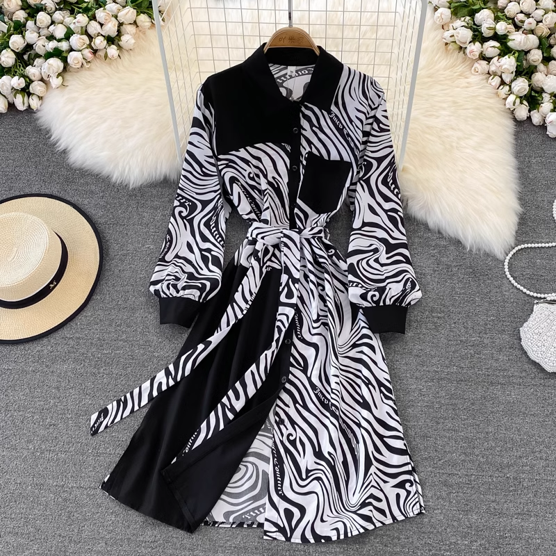 Frühlings- und Herbst-Retro-Hemdkleid mit Print für Damen 1420