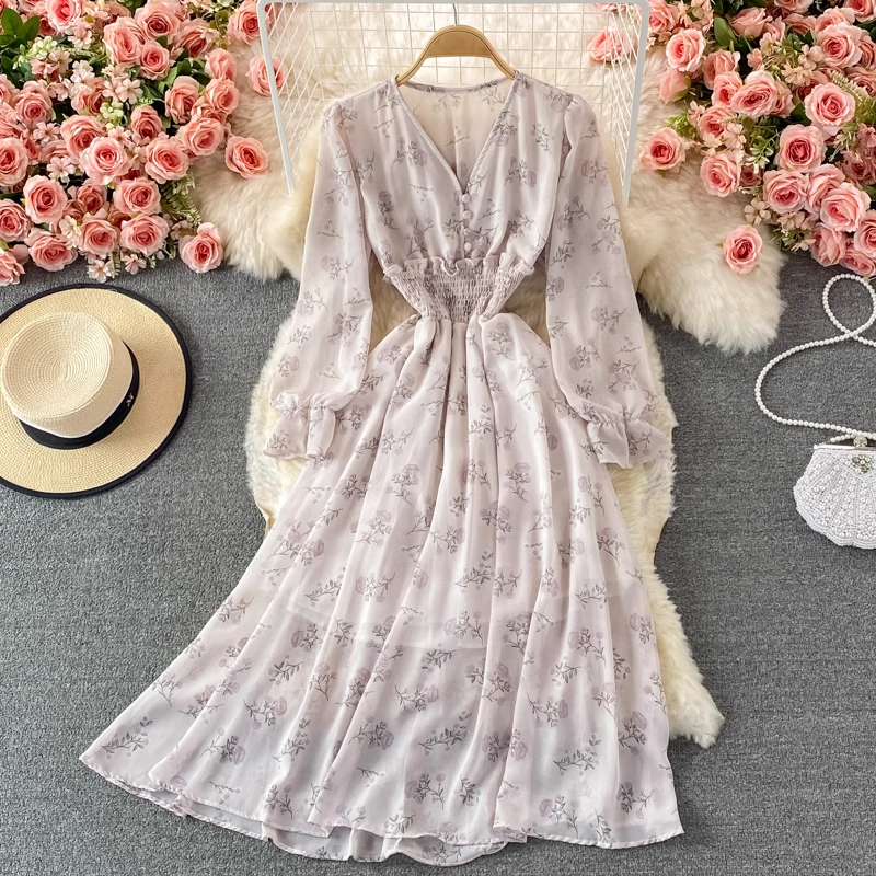 Women Summer V Neck Puff Sleeve Fairy Floral Chiffon Mid Length Skirt 1376