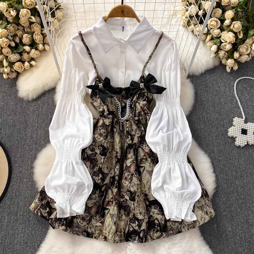 Sommer süße Schleife lange Ärmel A-Linie Kleid weißes Hemd zweiteiliges Set 1539