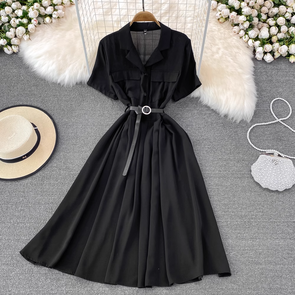Sommerliches Retro-Chic-Kleid mit mittellangem Anzugkragen, A-Linie und kurzen Ärmeln 1451