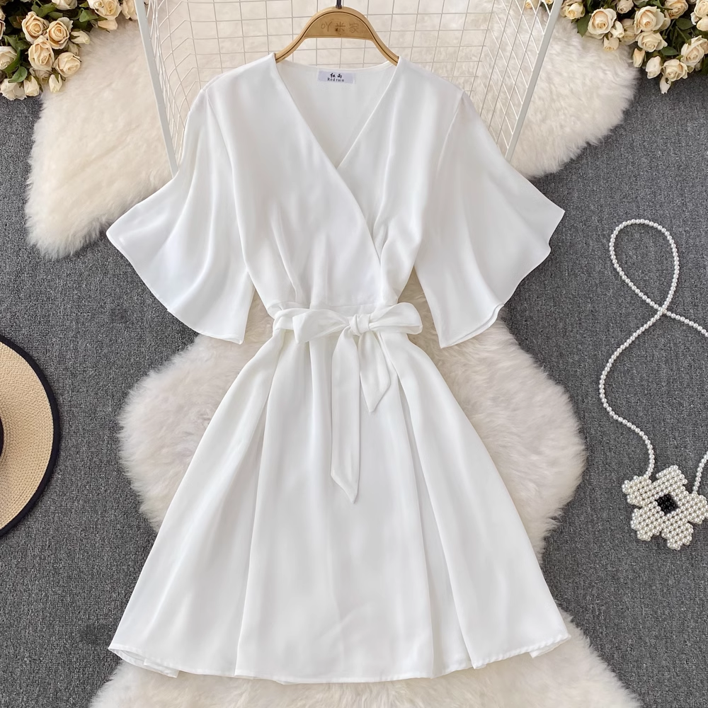 Sommerkleid im koreanischen Stil, Retro-Stil, V-Ausschnitt, Fliege, A-Linie, 1517
