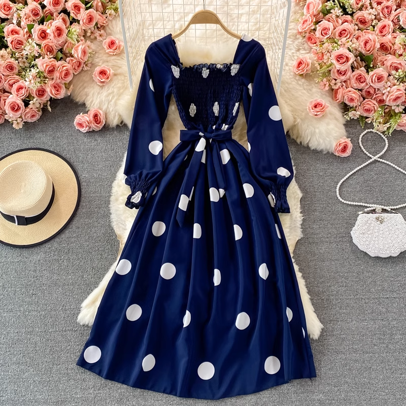 Spring and Autumn Korean Style Polka Dot Square Neck Dress 1477