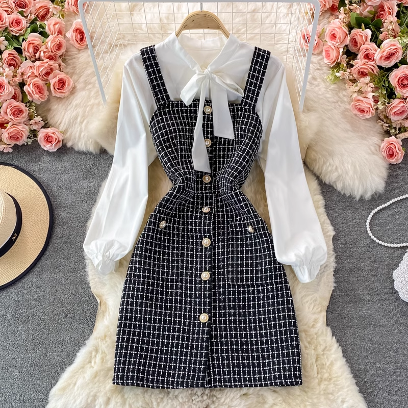 Autumn Elegant Bow Knot Shirt Plaid Suspender Dress Two Piece Set 1387