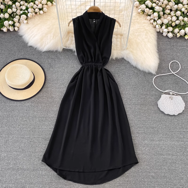 Sommerliches ärmelloses Chiffonkleid in A-Linie mit V-Ausschnitt 1432