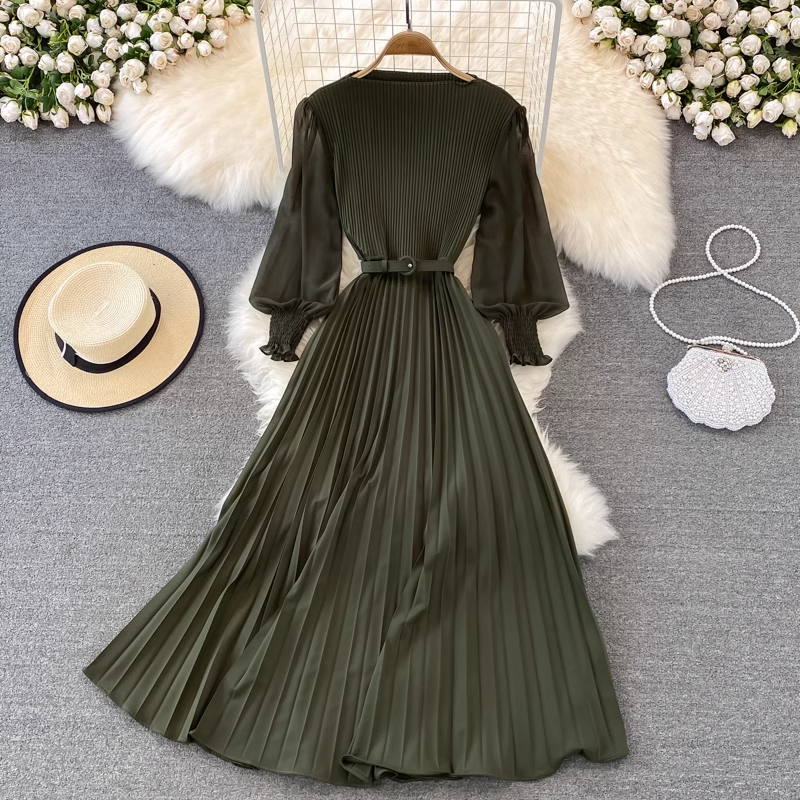 Frühlings- und Herbst-Rundhals-Langarm-Chiffon-Plisseekleid 1460