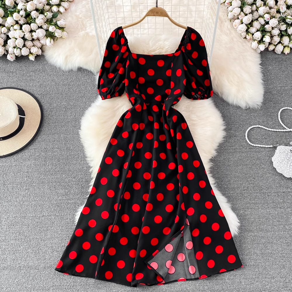 Summer Square Collar Short Sleeves Mid Length Slit Point A Line Dress 1465