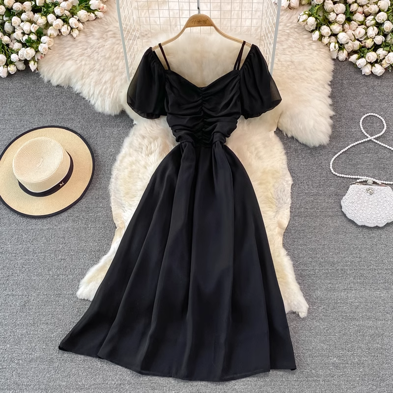 Sommerkleid mit V-Ausschnitt und kurzen Ärmeln für Damen, mittellang, A-Linie, Retro-Rock 1409