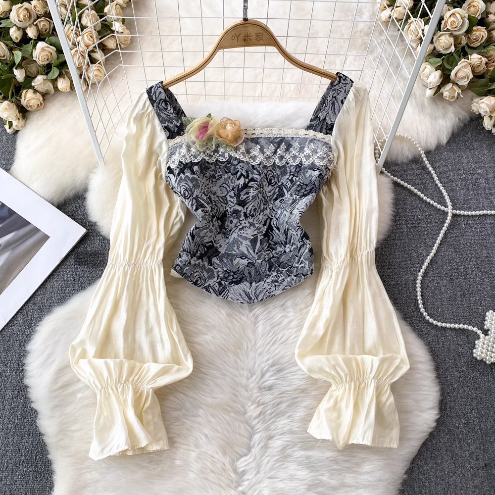 Spring and Autumn Retro Long Sleeve Square Collar Printed Shirt Women's Casual Top 1402