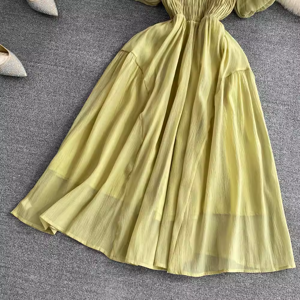 Summer Square Collar Short Sleeves Mid Length A Line Fluffy Dress 1605