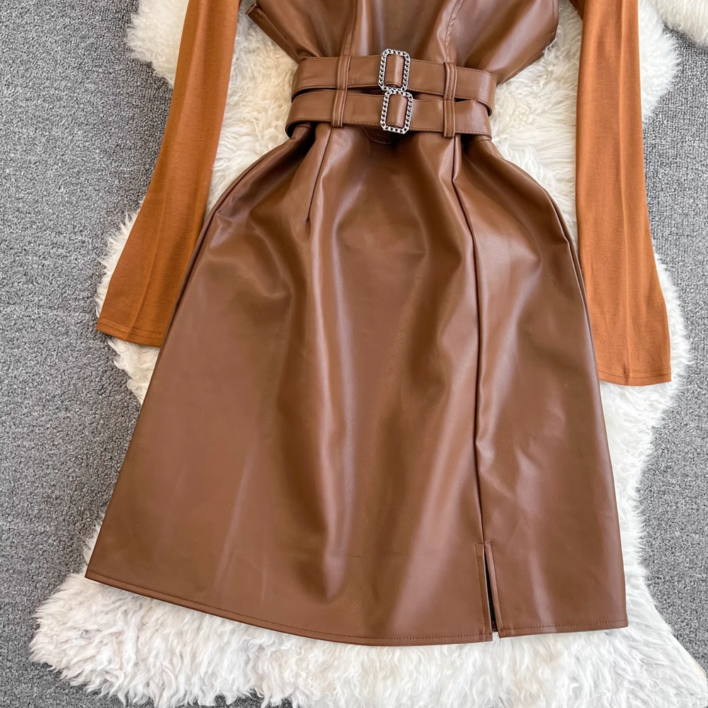 Robe à bretelles en cuir PU à manches longues, ensemble deux pièces, automne et hiver 1454