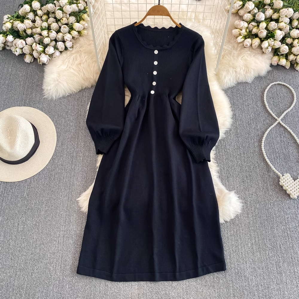 Herbst und Winter langärmliges mittellanges A-Linien-Strickkleid mit Rundhalsausschnitt 1454