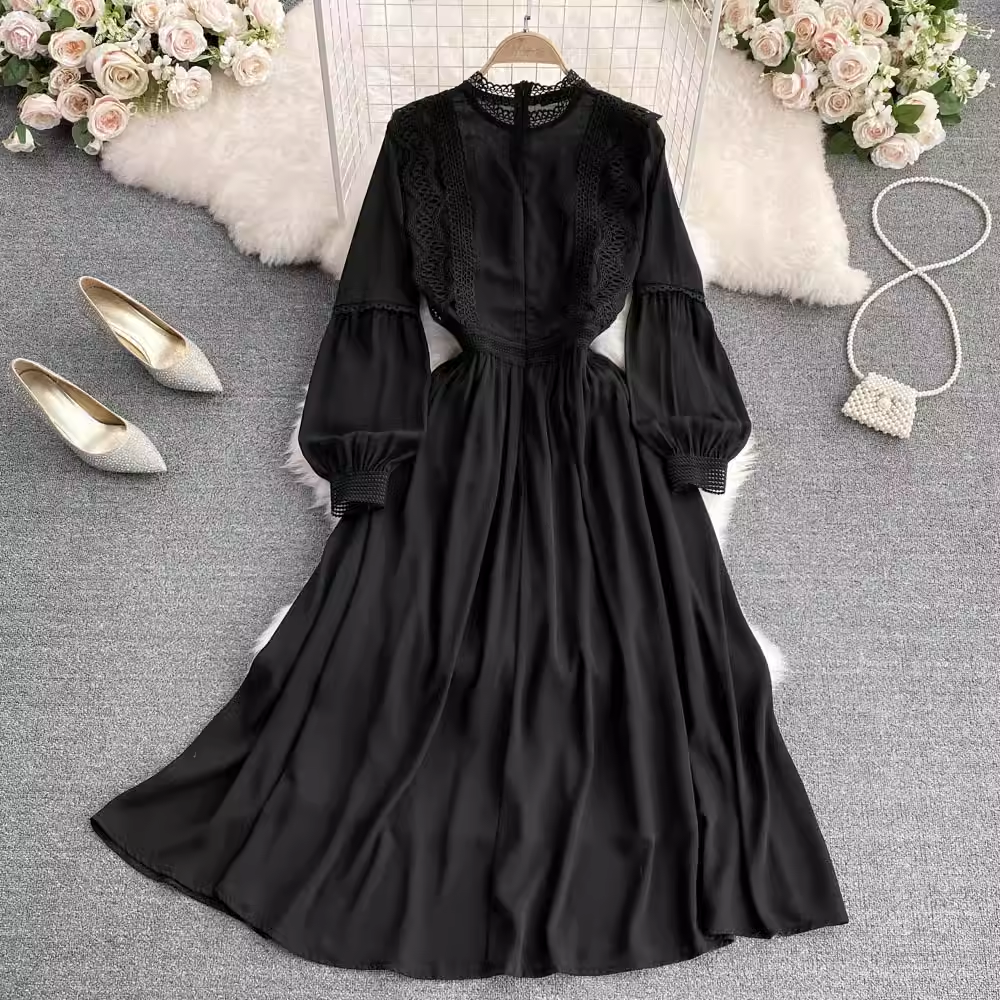 Retro Stand Collar Lace Chiffon A Line Elegant Dress 1566