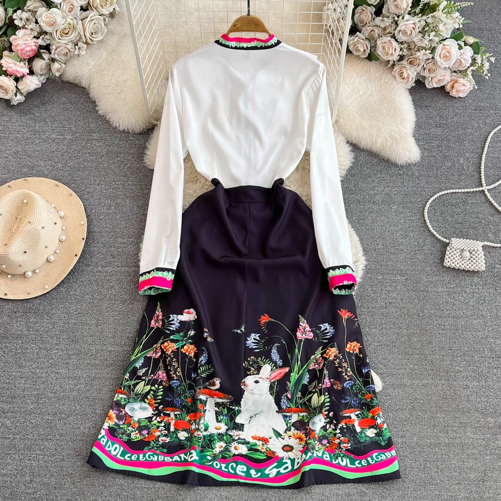 Robe trapèze à manches longues, nœud papillon, volants, imprimé lapin, 1705