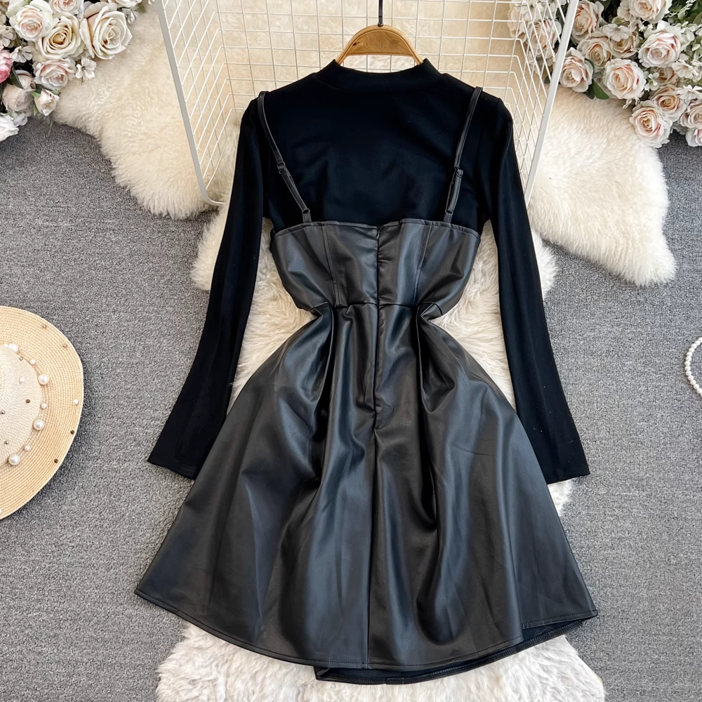 Ensemble deux pièces automne-hiver, robe trapèze à bretelles en cuir synthétique 1476