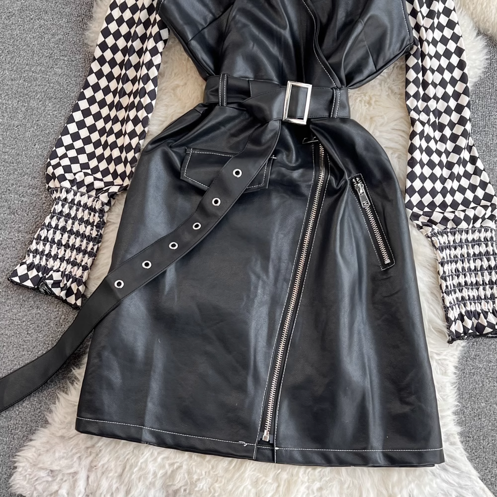 Robe à bretelles en cuir PU à col en V, deux pièces, printemps et automne 1402