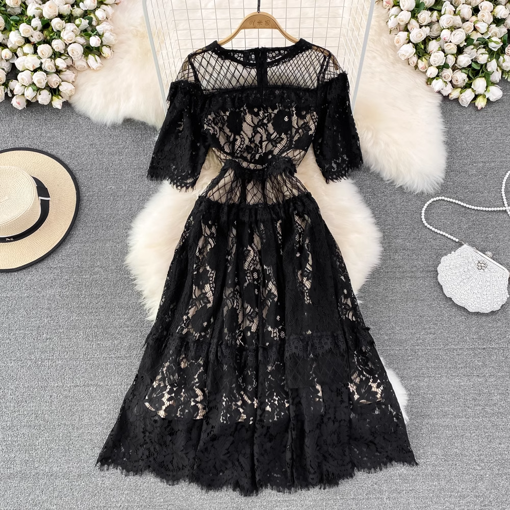 Hollow Round Neck A Line Elegant Lace Dress 1570