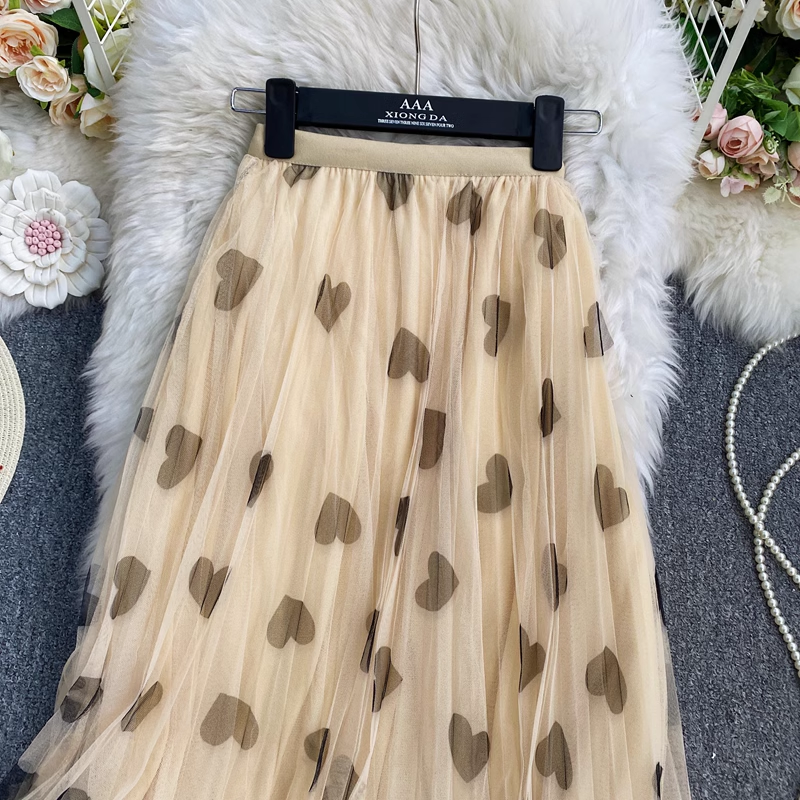 Print Mesh Pleated Skirt High Waist A Line Knee Length Skirt 1694