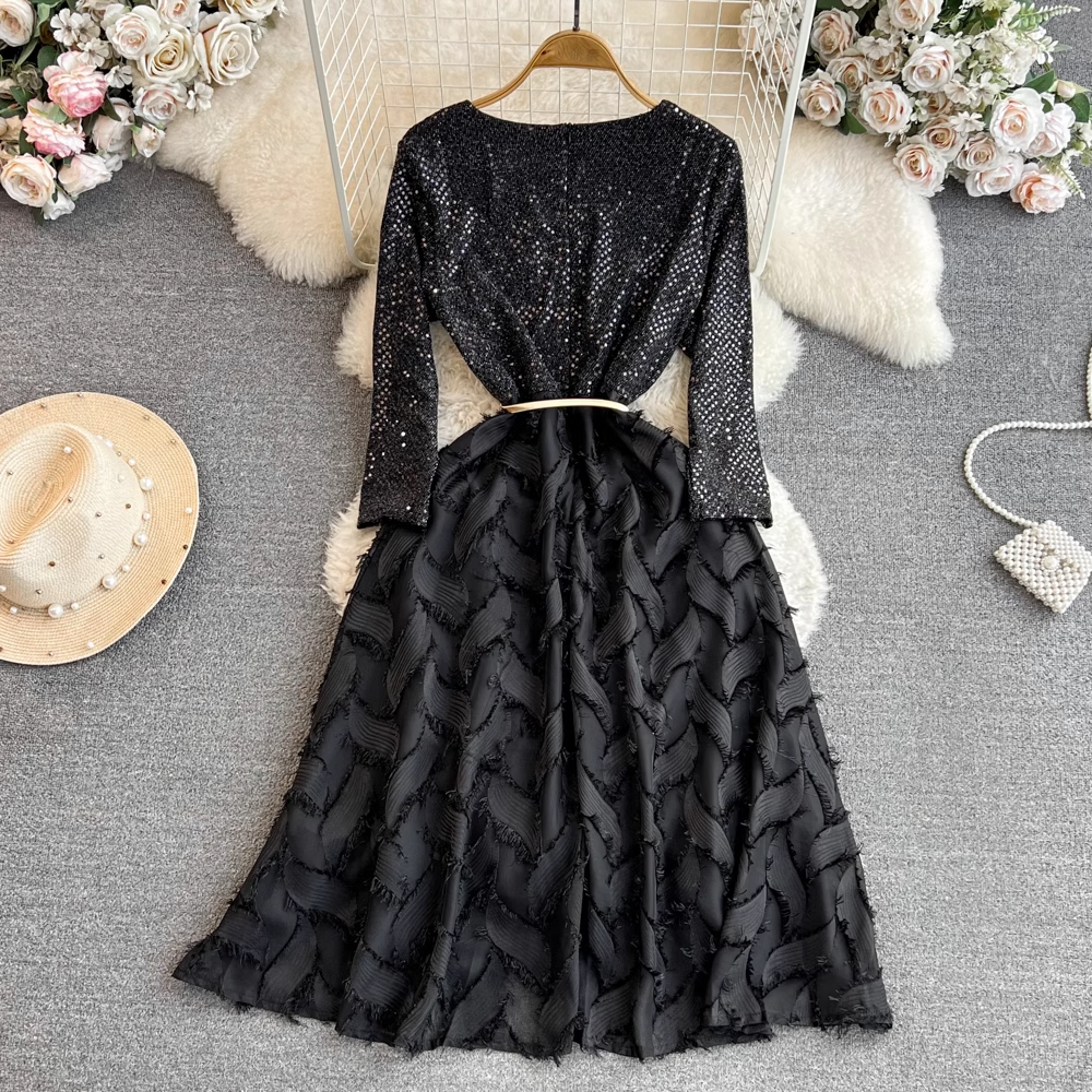 Spring and Autumn Long Sleeve V Neck Sequined A Line Tassel Dress Elegant Long Dress 1478