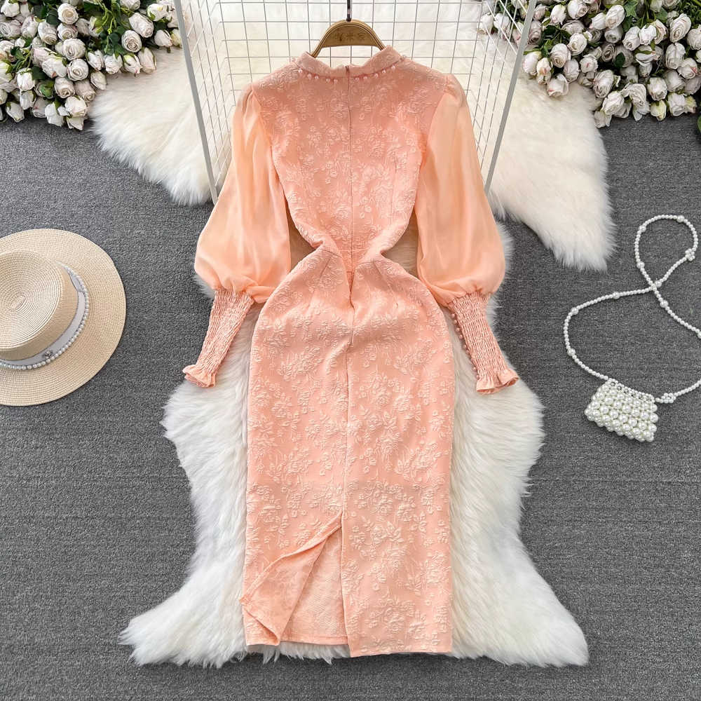 Süßes Kleid mit Puffärmeln im französischen Stil, Herbstkleid 1319